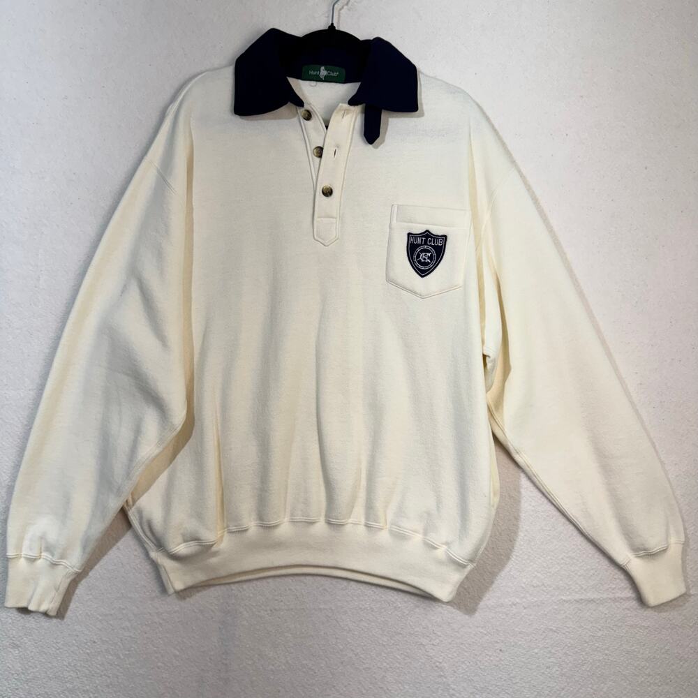 Hunt Club VTG Cream Polo Sweatshirt Navy Blue Collar Embroidered Patch Size XL